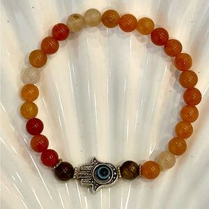 Tiger Eye & Glass Beaded Bracelets With Hamsa & Evil Eye Charm NWOT